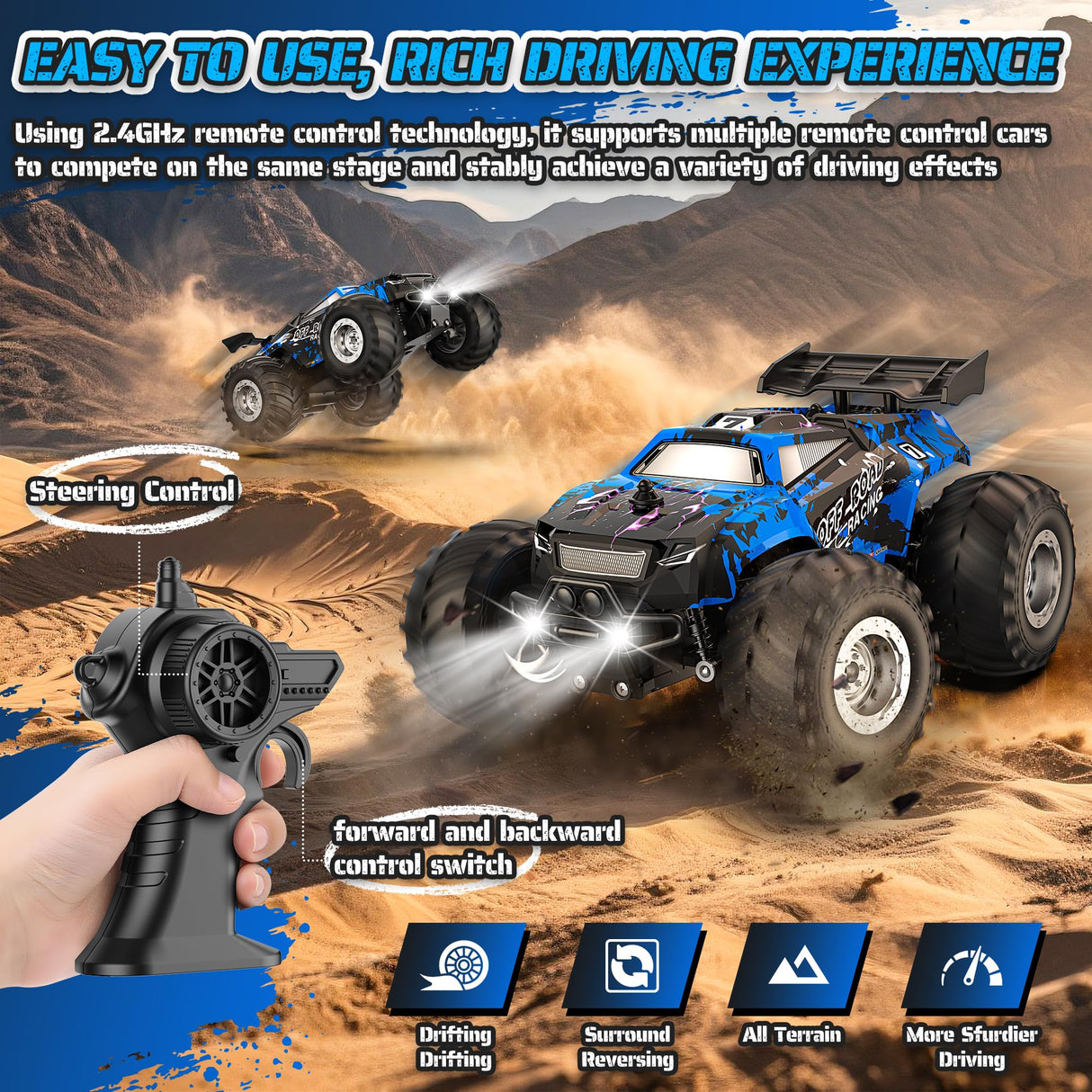 Barlisam Remote Control Car, All-Terrain Remote Control Truck for Boys 8-12, Headlight, 1:20, 10KM/H, 2.4GHZ, Speed-Friendly, Sturdy, Rechargeable RC Cars for Boys 4-7 Christmas, Beginner, Kids 6-12