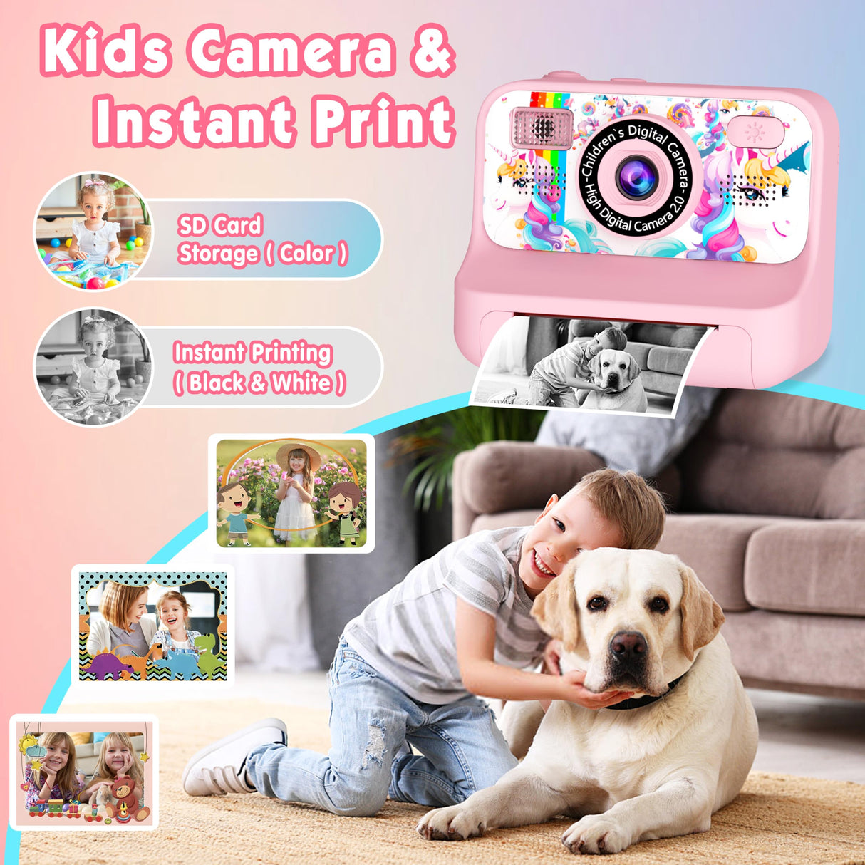 Kids Camera, Upgrade Kids Camera Instant Print, Front Rear Dual Selfie Digital CAM with 1080P Videos, Portable Travel Toy with Games and Music, Christmas Birthday Gift for Boys, Girls and Teens