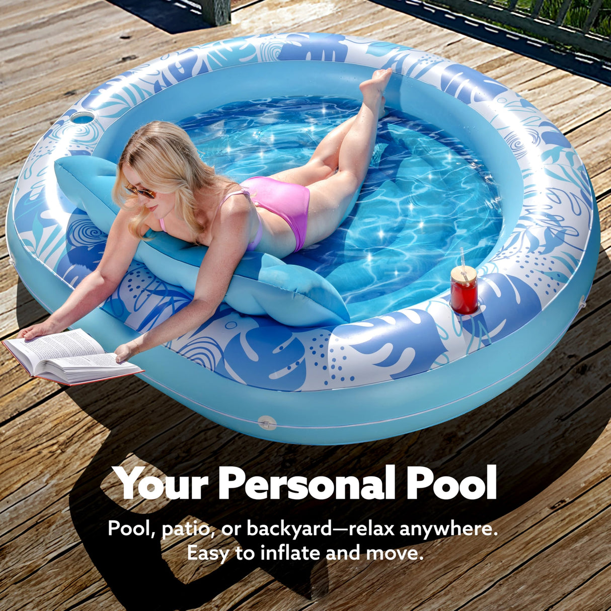 SLOOSH Inflatable Tanning Pool Lounger Float,72" x 65" Pool Floats Adult with Pillow,Luxury Fabric Large Suntan Tub Raft Floatie,Sunbathing Bed Lounge for Water Blow Up Kids Ball Pit Party Gifts,Blue