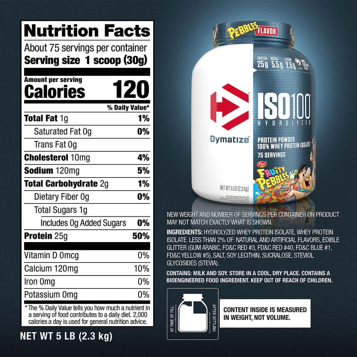 Dymatize x Fruity Pebbles ISO100 Whey Protein Powder Isolate, 25g of Protein, 5.5g BCAAs, 120 Cal., Gluten Free, 1g Fat, 1g Sugar, 2g Carb (75 Servings)