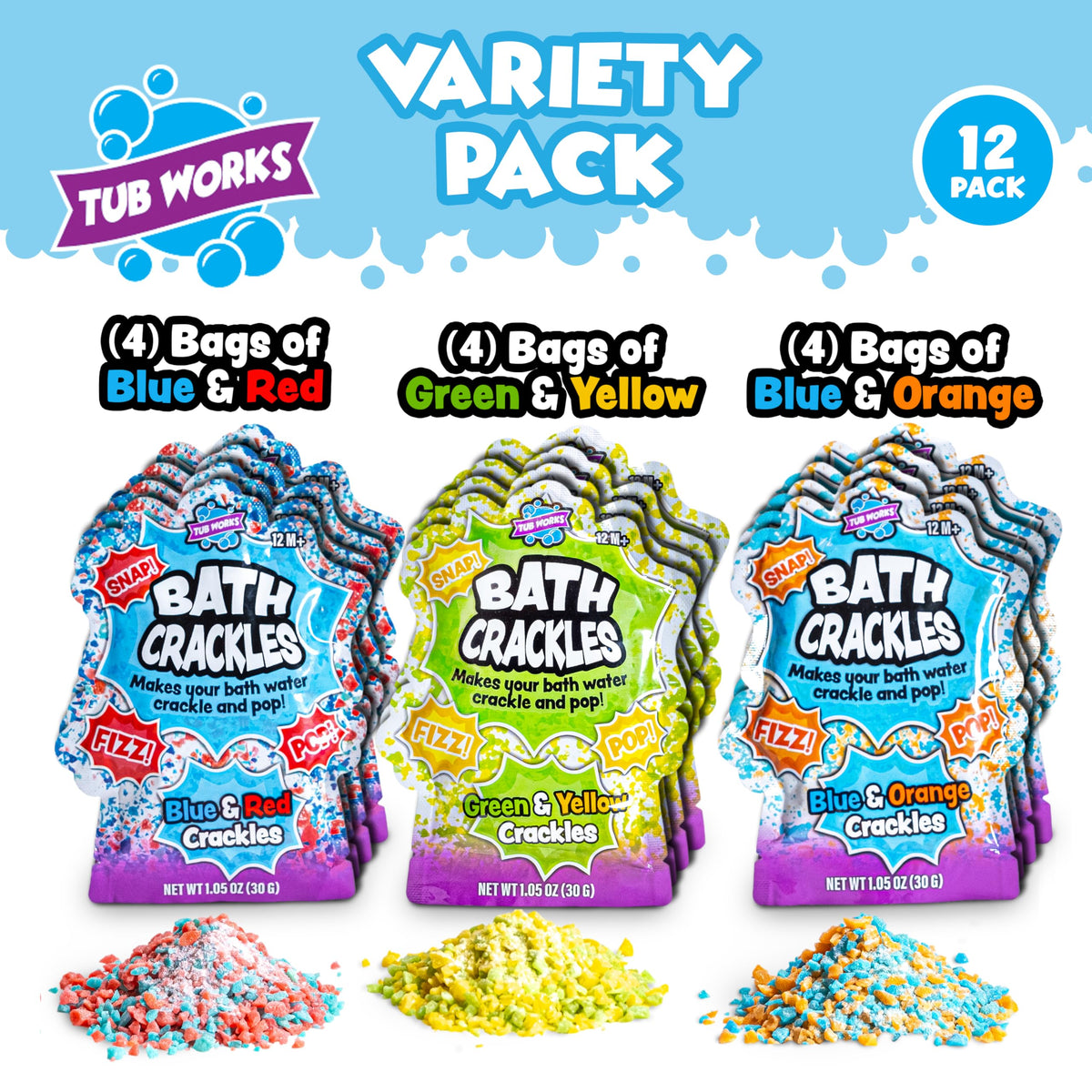 Tub Works® Bath Crackles Bath Toy, Variety 12 Pack | Nontoxic & Fragrance-Free | Makes Bath Water Crackle & Pop for a Unique Kids Bath | Swirl Water for Fizzy Fun | Sensory Kids & Toddler Bath Toys