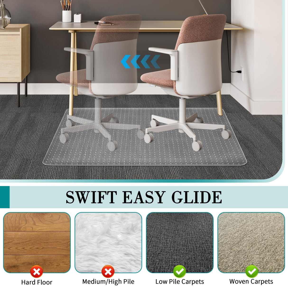 BesWin Office Chair Mat for Carpet, 48'' x 36'' Clear Floor Mat for Low and No Pile Carpeted Floors, Thick and Sturdy Carpet Protector for Work, Home, Gaming, Easy Glide and Flat Without Curling