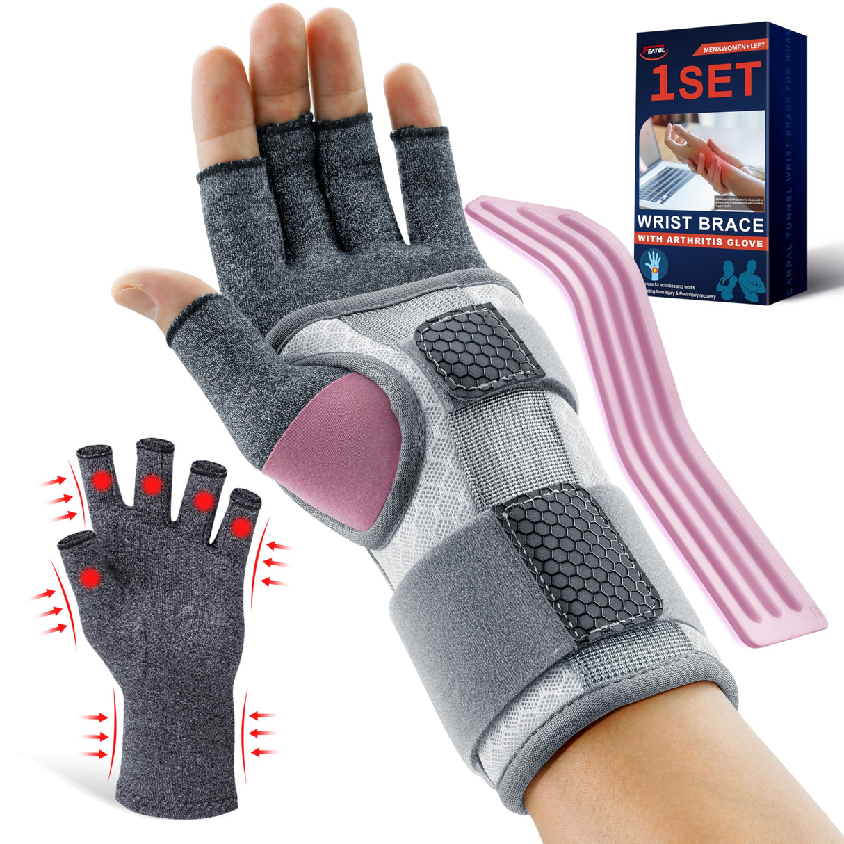 FEATOL Carpal Tunnel Wrist Brace & Compression Arthritis Glove Set For Women- Short Wrist Brace Daytime Support- Pain Relief For Work, Typing, Tendonitis, Sprains- Left Hand, Small