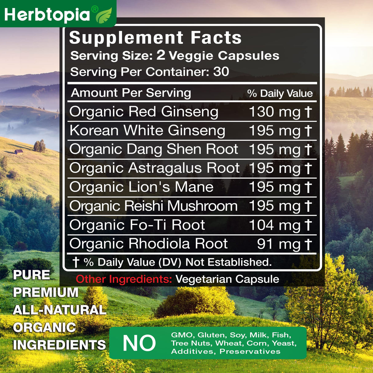 Herbtopia Forever Young Longevity Supplement for Immunity, Anti Gray Hair, Telomere Lengthening & Happy Mood w/Ginseng, Astragalus, Lions Mane, Reishi Mushroom, Codonopsis | Organic - 60 Caps