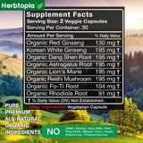 Herbtopia Forever Young Longevity Supplement for Immunity, Anti Gray Hair, Telomere Lengthening & Happy Mood w/Ginseng, Astragalus, Lions Mane, Reishi Mushroom, Codonopsis | Organic - 60 Caps