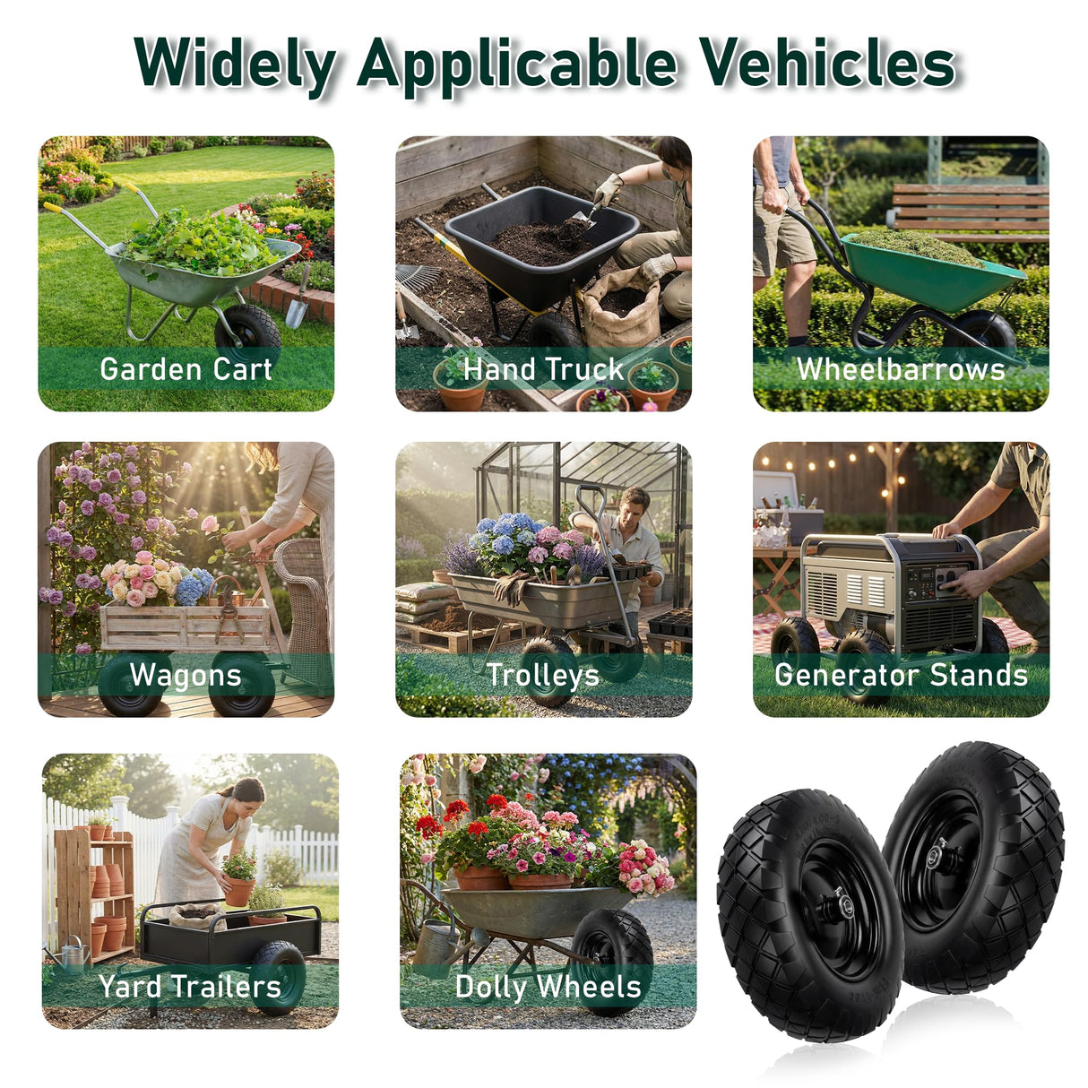 Upgraded 16" Flat Free Wheelbarrow Tire and Wheel, 4.80/4.00-8 Heavy Duty Solid Tire with 5/8" & 3/4" Bearings, 3"-7" Adjustable Hub - Universal for Wheelbarrows, Garden Trailer/Hand Truck - Black