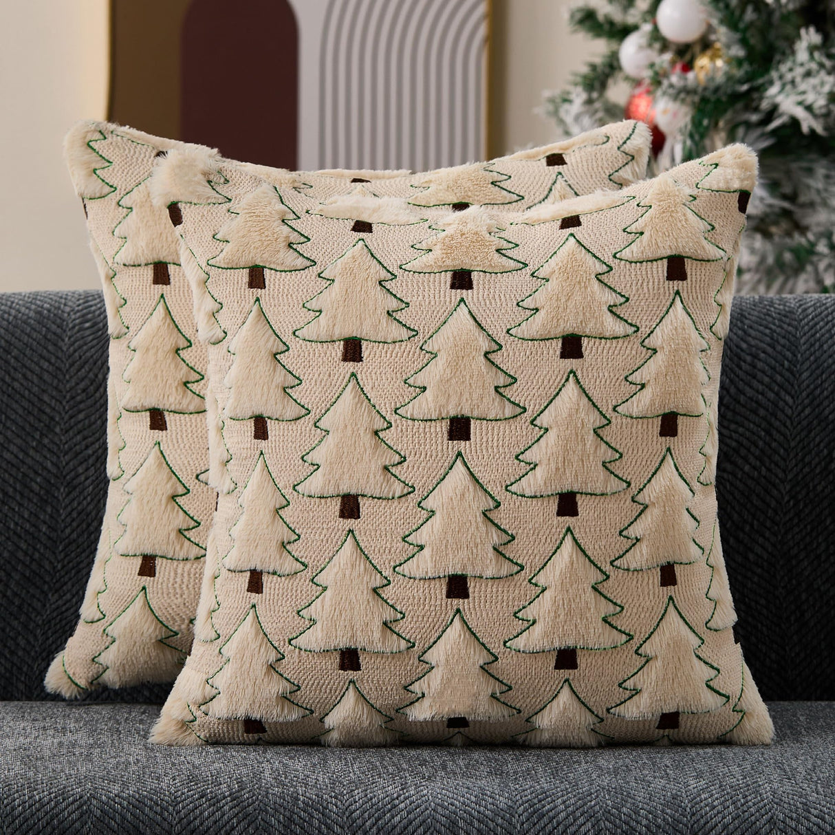 Allorry Christmas Pillow Covers 20x20 inch Set of 2 Christmas Decorations Soft Plush Faux Fur Wool Beige Xmas Tree Throw Pillow Cases Winter Holiday Decor for Sofa Living Room PT-012C20