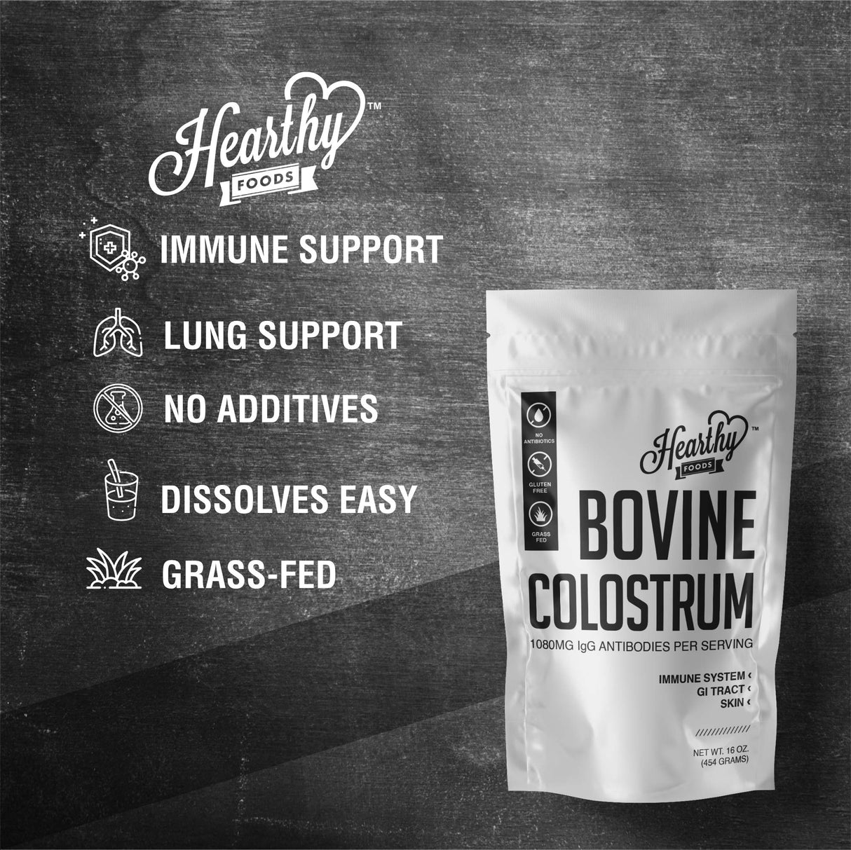 HEARTHY FOODS Bovine Colostrum Powder - Upto 30% IGG, 90 Servings, Leaky Gut Repair Supplements, Gut Health and Immune Support | Grass-Fed Halal Non GMO, Gluten Free 16Oz 454g