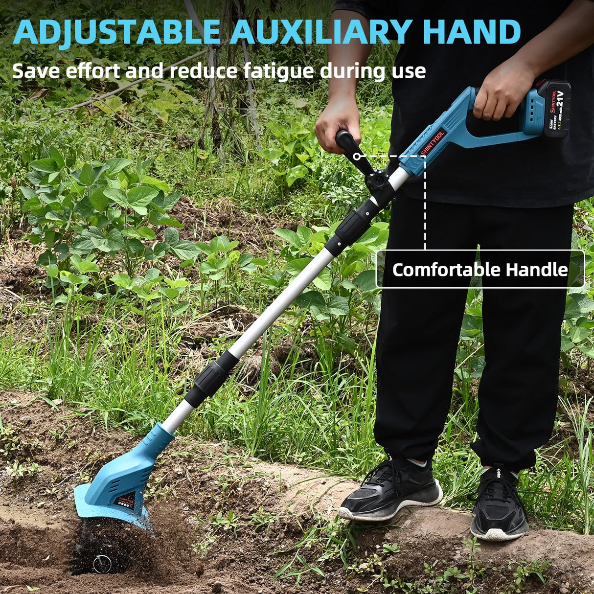 SHINTYOOL 21v Cordless Tiller Cultivator with 4.0 Ah Battery and Charger