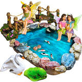 Mood Lab Fairy Garden Figurines - Fish Pond & Bridge - Miniature Decor Set (6 pcs) - Statues & Accessories - Outdoor & Indoor Garden Decor