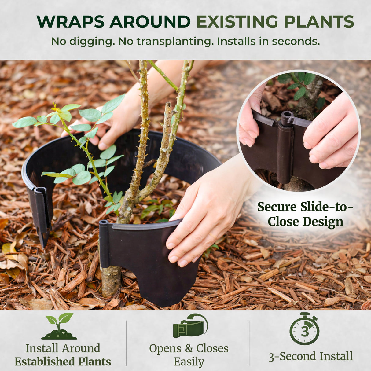 12 Inch Wrap-Around Adjustable Planting Grow Rings | 3 Pack | Brown | Install Around Existing Plants | Square Foot Gardening | Trimmer Protection and Mulch Barrier | Heavy Duty | Made in USA