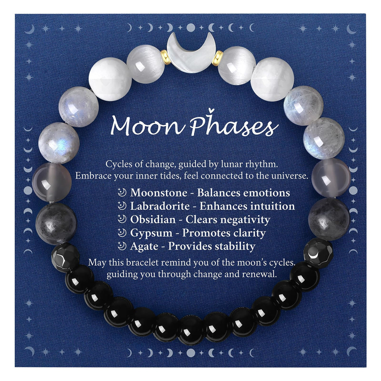 Moon Phase Moonstone Bracelet, Moon Jewelry Crystal Healing Gifts for Women