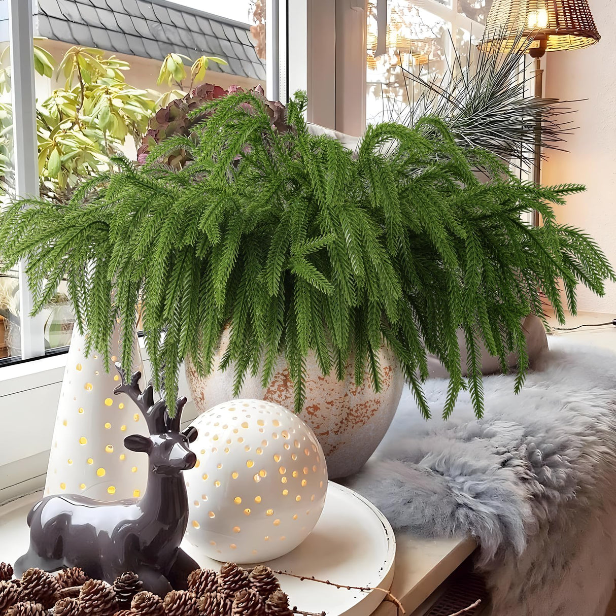 Rowfad 12 Pcs Artificial Norfolk Pine Branches, Norfolk Pine Artificial Pine Stems DIY Crafts Faux Christmas Greenary Norfolk Pine Branches for Xmas Wreath Garland Home Decor (12)