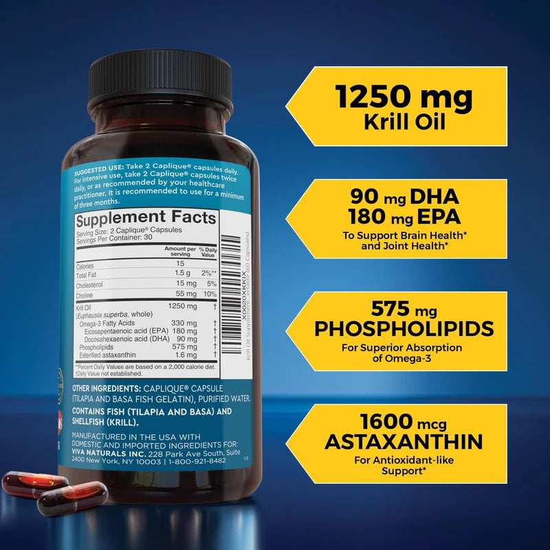 Viva Naturals Viva Naturals Antarctic Krill Oil Omega 3 Supplements 1250 mg - DHA EPA Omega-3 & Astaxanthin Concentration for Joint Health, No Fish Burp - 60 Omega 3 Krill Oil Capsules