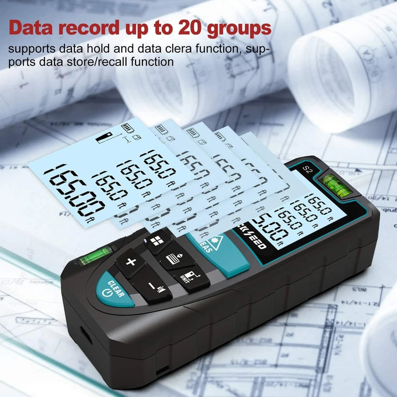 Mileseey S2 IP54 Digital Laser Rangefinder, Distance Measurement Device with 2 bubble levels, LCD Backlight, m/inches/feet with Multiple Measuring Modes such as Pythagoras/Distance/Area/Volume, IP54