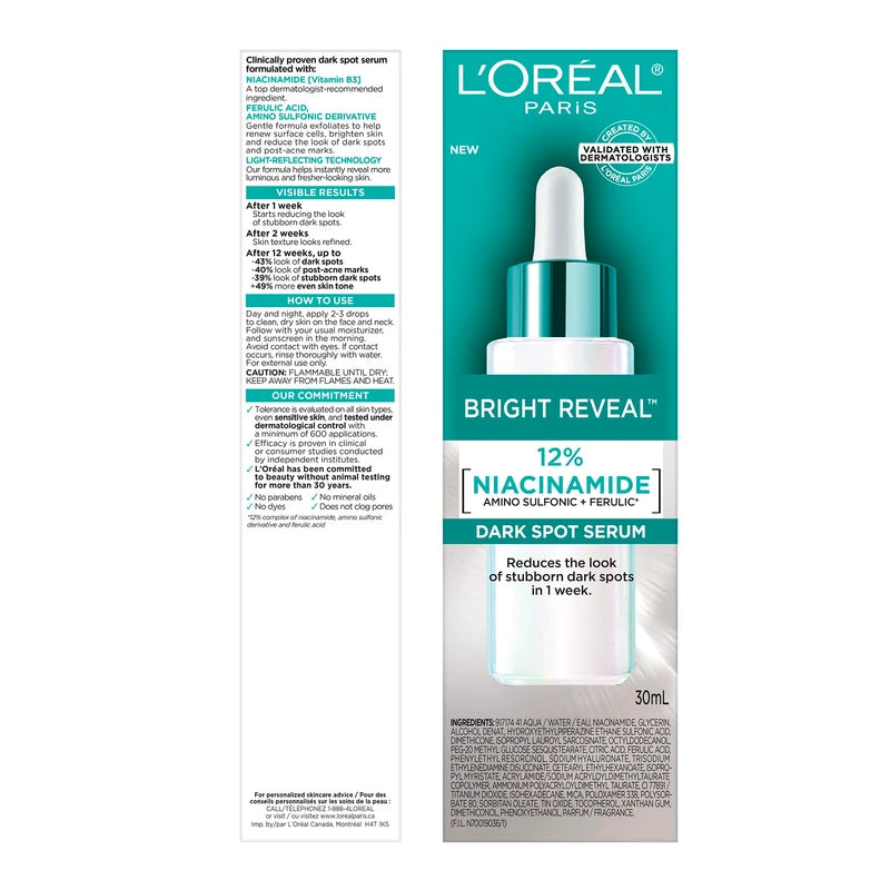 L'Oréal Paris Bright Reveal Dark Spot Face Serum, with 12% Niacinamide + Ferulic + Amino Sulfonic Acids, Reduces the Look of Stubborn Dark Spots, For All Skin Tones, Skincare, 30mL