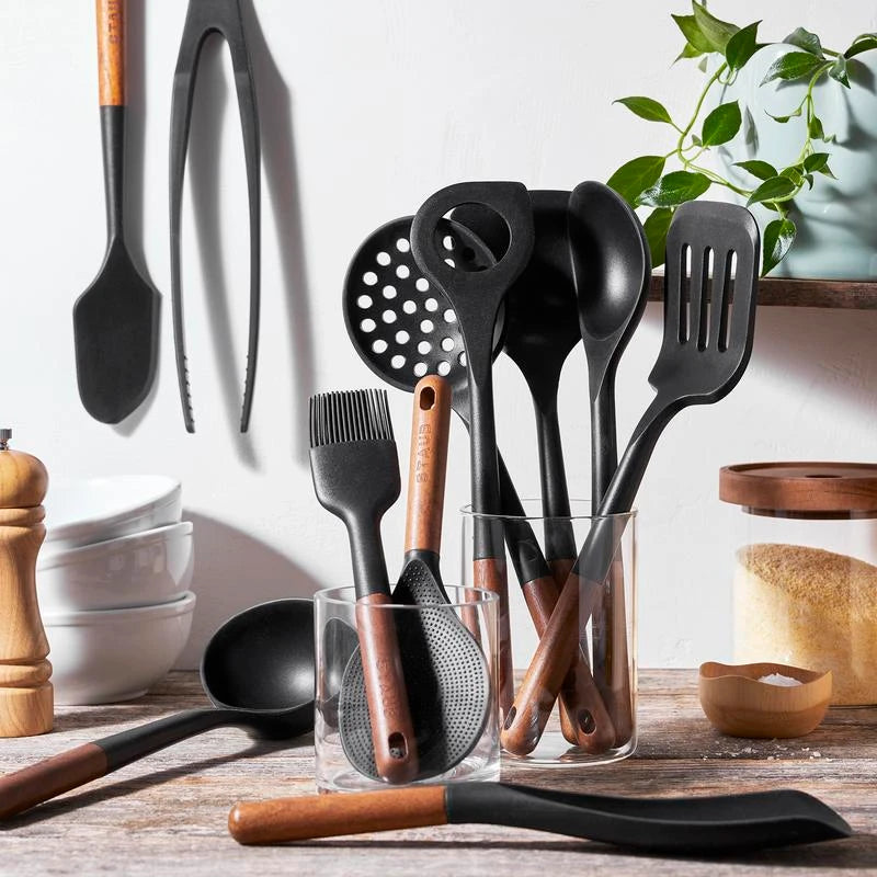 STAUB Silicone Kitchen Tools, Wood Handled Cooking Utensil Sets - Color: Matte Black, Size: 3-pc