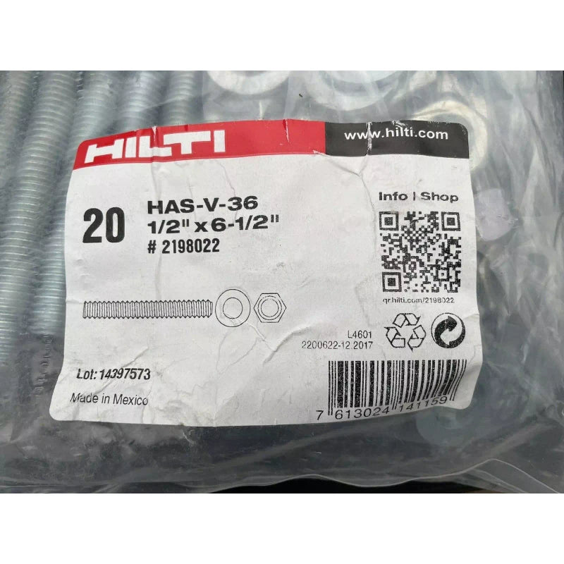 Hilti Epoxy Anchor Rods Package of 20 HAS-V-36 1/2" x  6-1/2" #2198022 Concrete