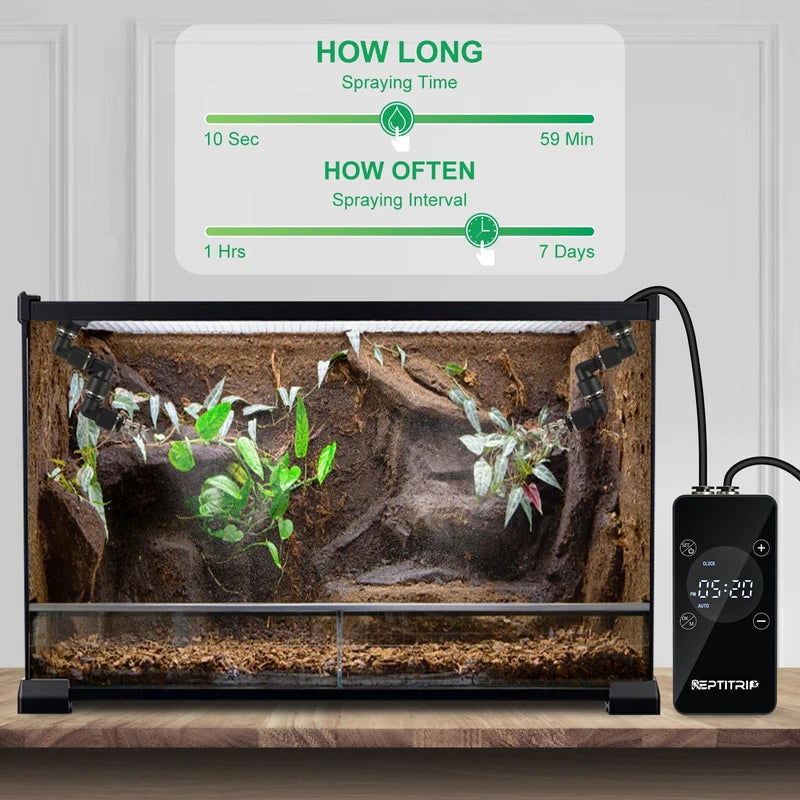 Updated Reptile Mister – Humidifier for Tanks, Amphibians, and Rainforest Plants with Timer and Manual Spray Functions
