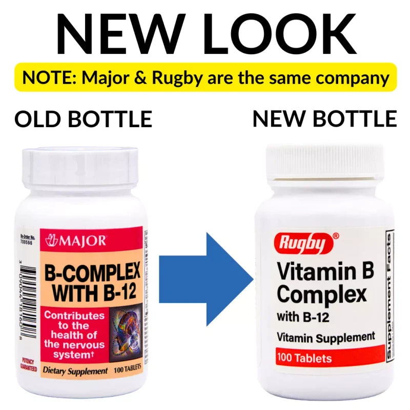 Rugby / Major B-Complex B-12 Vitamins - 100 Tablets | No Gluten (Exp 1-2026)