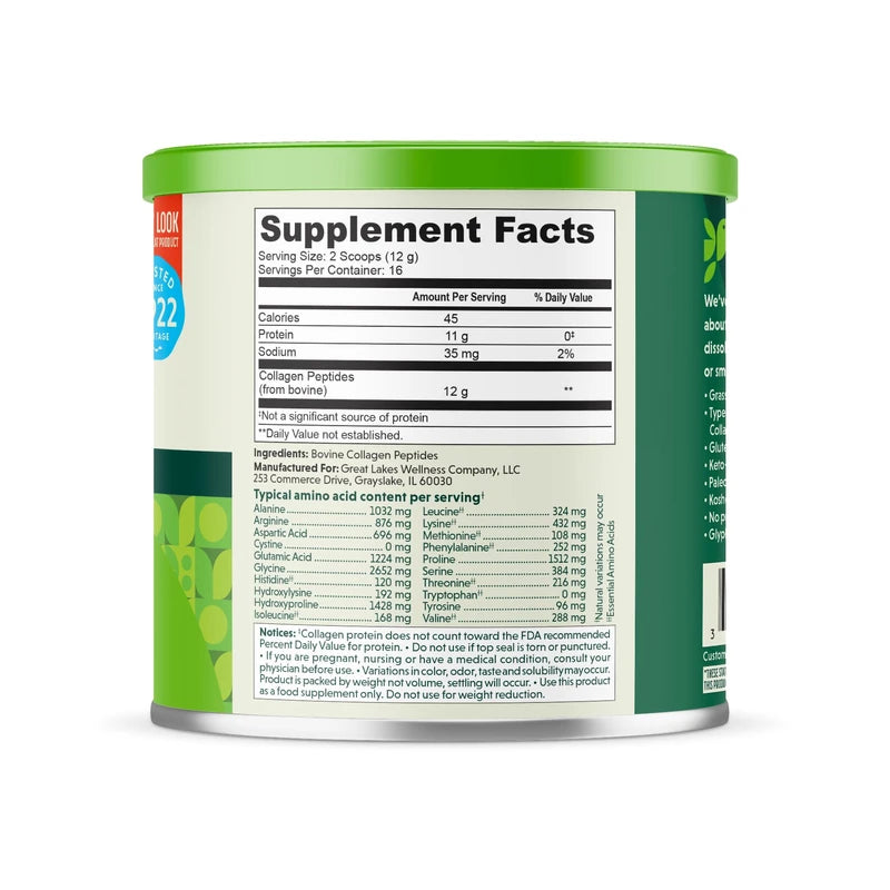 Great Lakes Wellness Collagen Peptides Powder for Skin, Hair, Nails, Joints & Digestion - Unflavored - Quick Dissolve Hydrolyzed, Non-GMO, Keto, Kosher - 7 oz