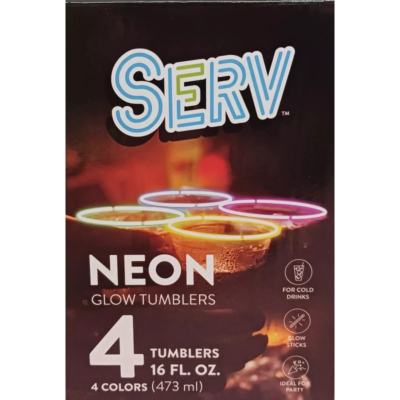 Serv 16 Oz 4 Colors Serv Neon Glow Tumblers For Cold Drinks Glow Sticks NEW 4 PacK