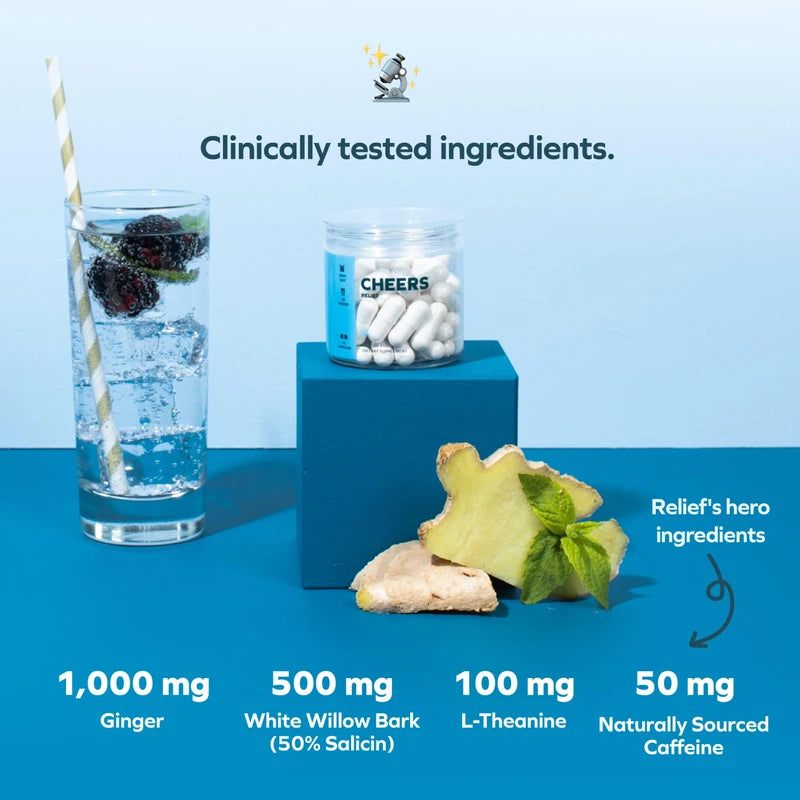 Cheers Relief | Next Morning Aid with Ginger + White Willow Bark | Feel Better After Drinking | 12 Doses | Ginger, White Willow Bark, L-Theanine, Caffeine