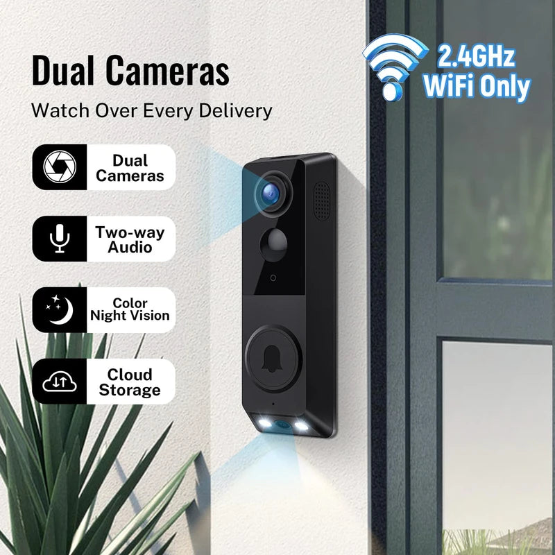 FISHBOT Security Video Doorbell, Dual Cameras with Delivery Guard, 1080p Full HD and Color Night Vision, Intelligent AI Detection, Two-Way Audio, 2.4GHz Wi-Fi Support, Cloud Storage (Sold seperately)