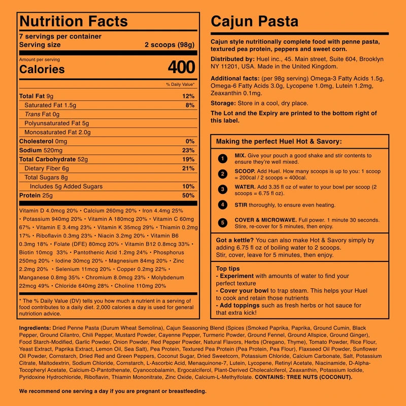 Huel Hot and Savory Instant Meal Replacement - Cajun Pasta - 14 Scoops Packed with 100% Nutritionally Complete Food, Including 25g of Protein, 6g of Fiber, and 27 Vitamins and Minerals