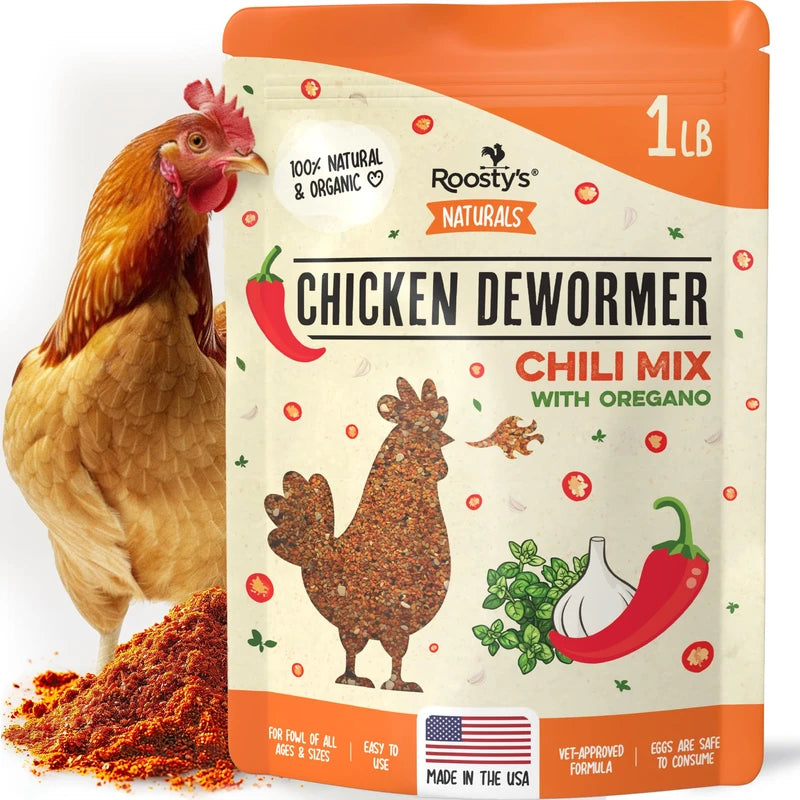 Roosty's Naturals Chicken De-Wormer Powder - Chili Mix | 1LB Pouch | All-Natural Formula | US-Made Chicken Wormer, Poultry De-Wormer | Chicken Medicine Supplies to Relieve and Safeguard from Worms