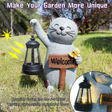 Juegoal Garden Statue Solar Cat Figurine with LED Lantern, Mothers Day 10" Resin Kitten Hold Welcome Sign, Outdoor Whimsical Lawn Porch, Lighted Housewarming Birthday for Mom Grandma