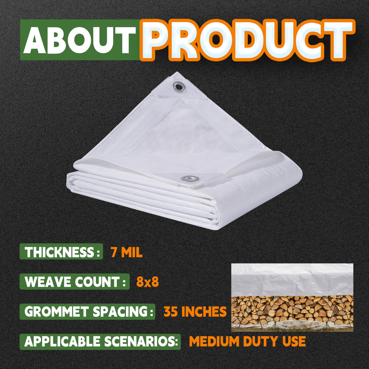 RAINDEWAY Tarps 8x8 Feet Tarp Waterproof,7Mil Thick,Finished Size,UV Resistant,Multipurpose Poly Tarp Cover with Metal Grommets and Reinforced Edges,White Tarps