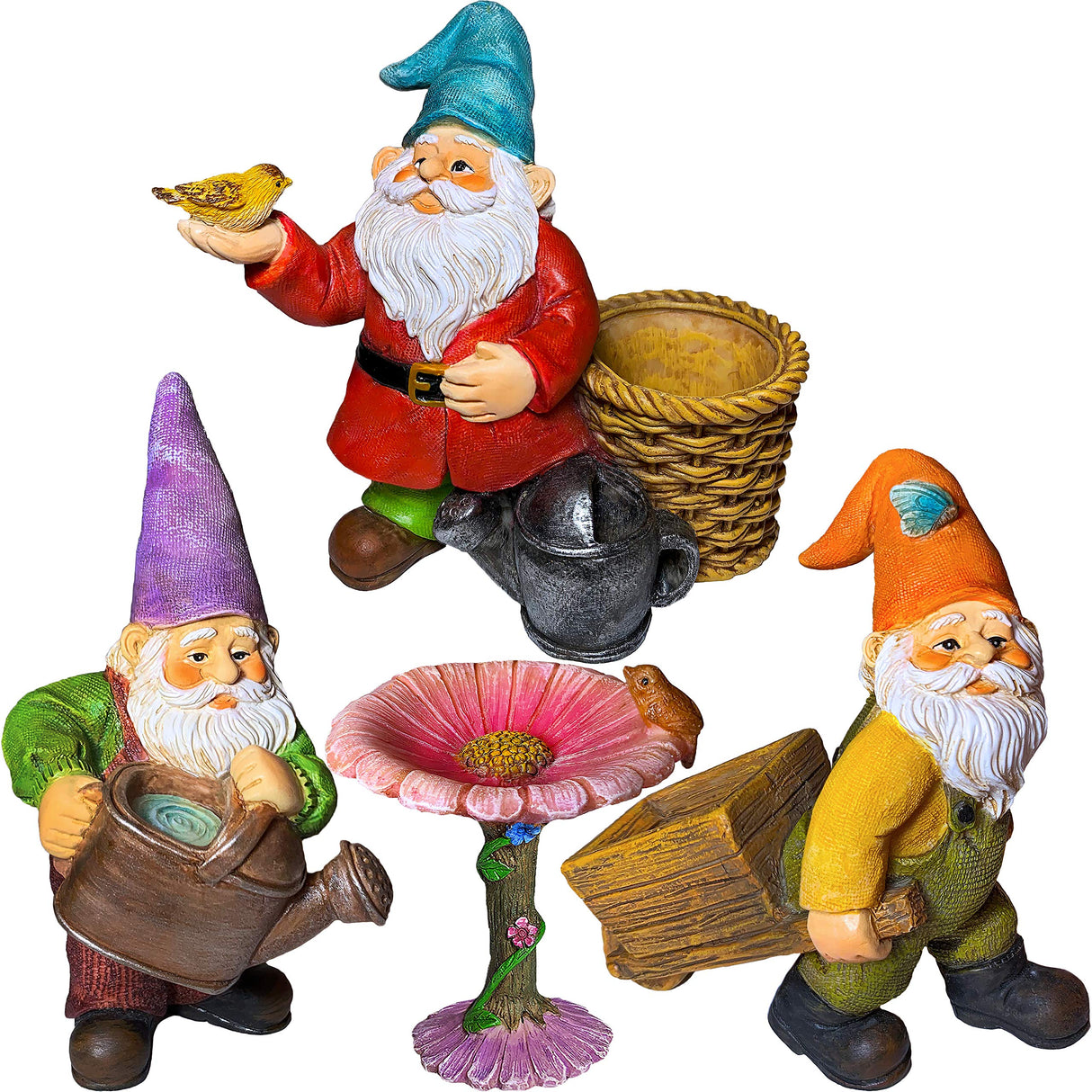 Mood Lab Garden Gnome Figurines Set (4 pcs) - 3.5" H Miniature Decorative Statues & Accessories - Outdoor & Indoor Garden Decor
