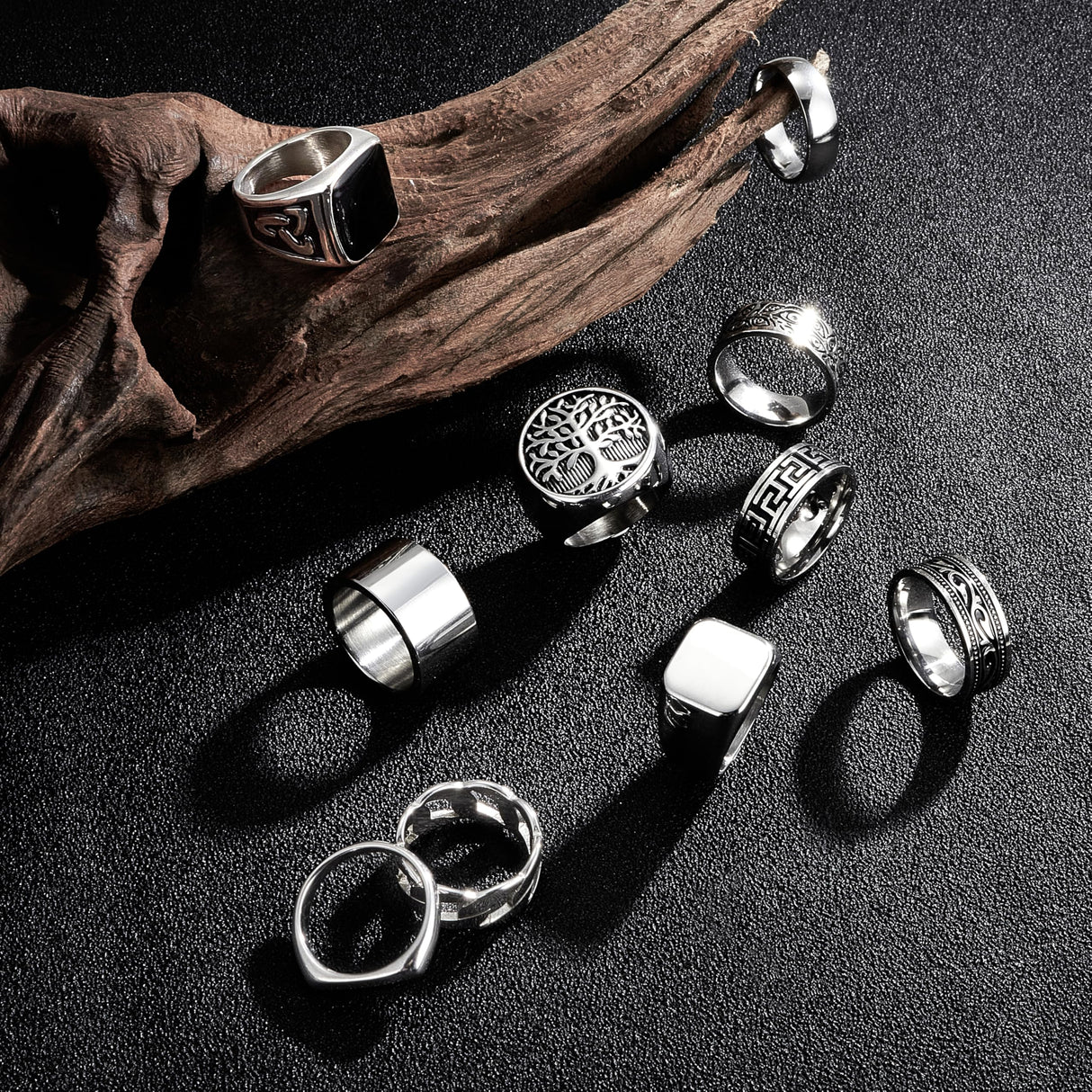 MEDOJO 10 Pcs Men's Stainless Steel Vintage Signet Ring Square Pinky Thumb Chunky Thin Band Ring Vintage Biker Band Rings Set 10