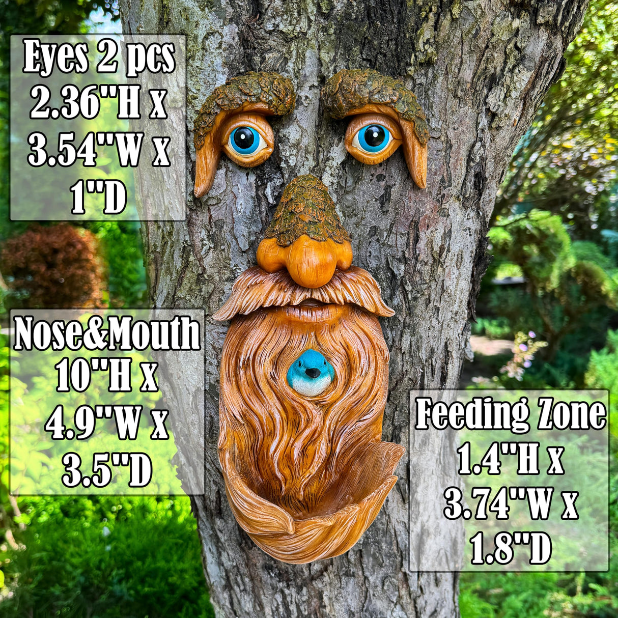 Mood Lab Tree Face Decor with Blue Bird Accent - Outdoor Old Man Face Decoration - Tree Garden Hugger - Yard Art Statue