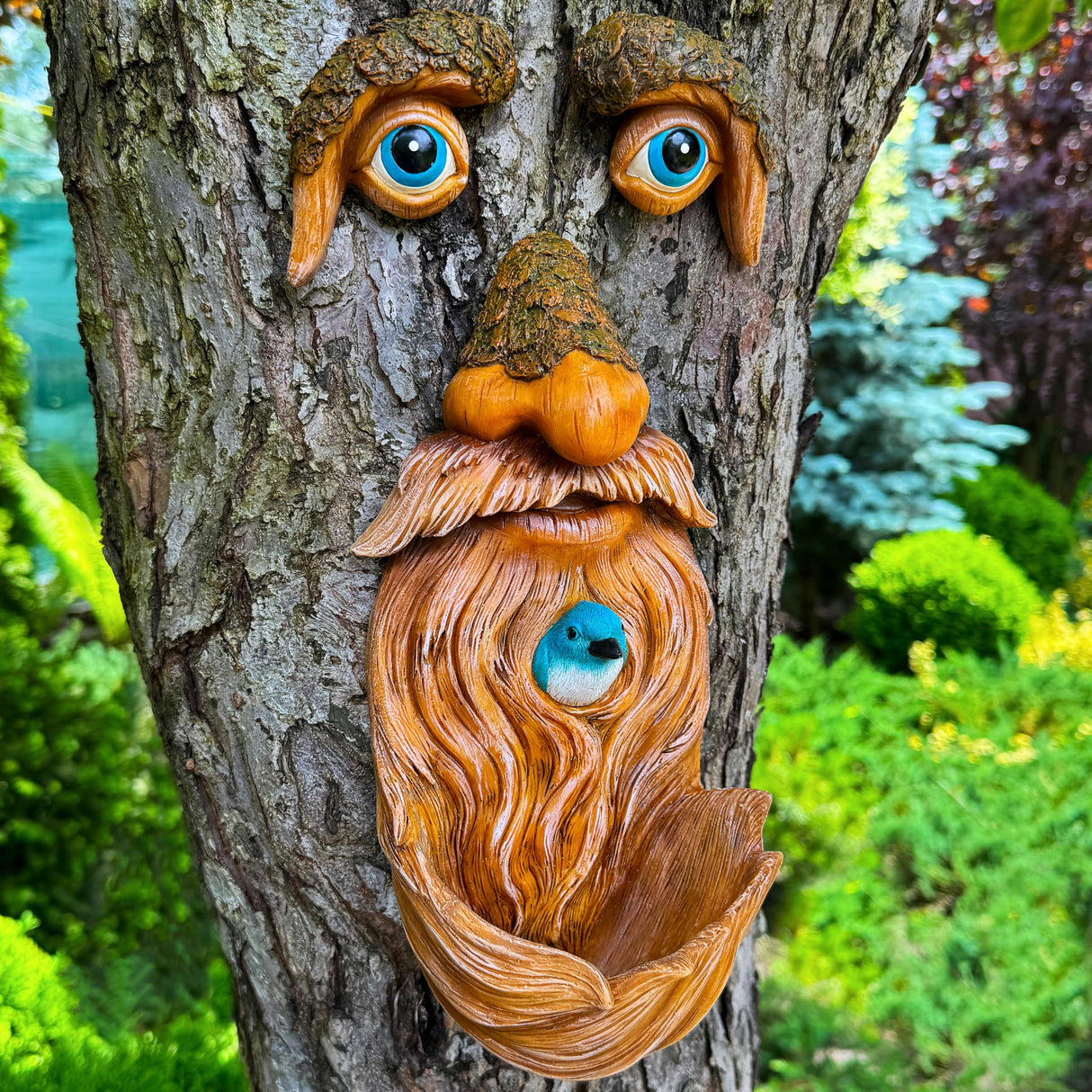 Mood Lab Tree Face Decor with Blue Bird Accent - Outdoor Old Man Face Decoration - Tree Garden Hugger - Yard Art Statue