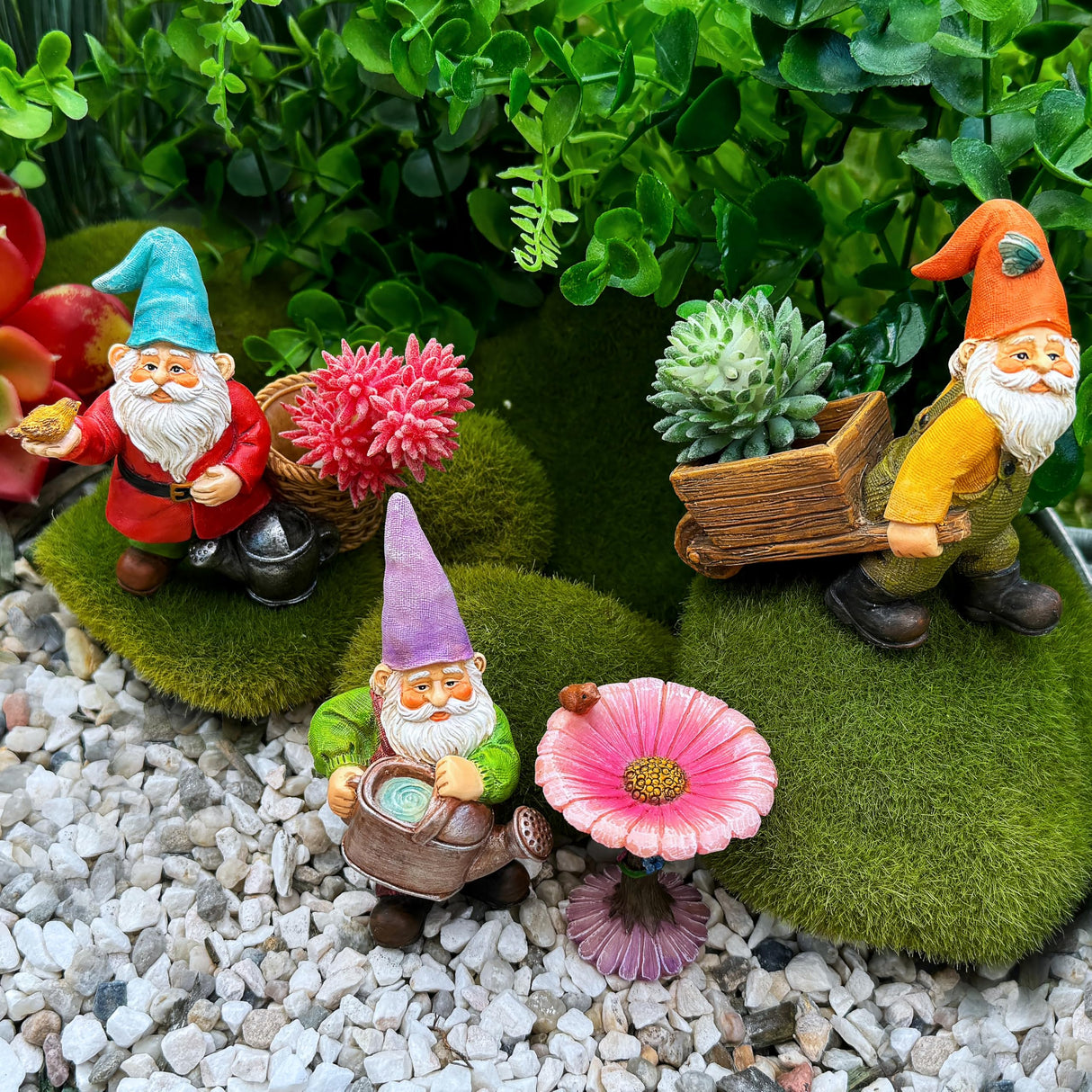 Mood Lab Garden Gnome Figurines Set (4 pcs) - 3.5" H Miniature Decorative Statues & Accessories - Outdoor & Indoor Garden Decor