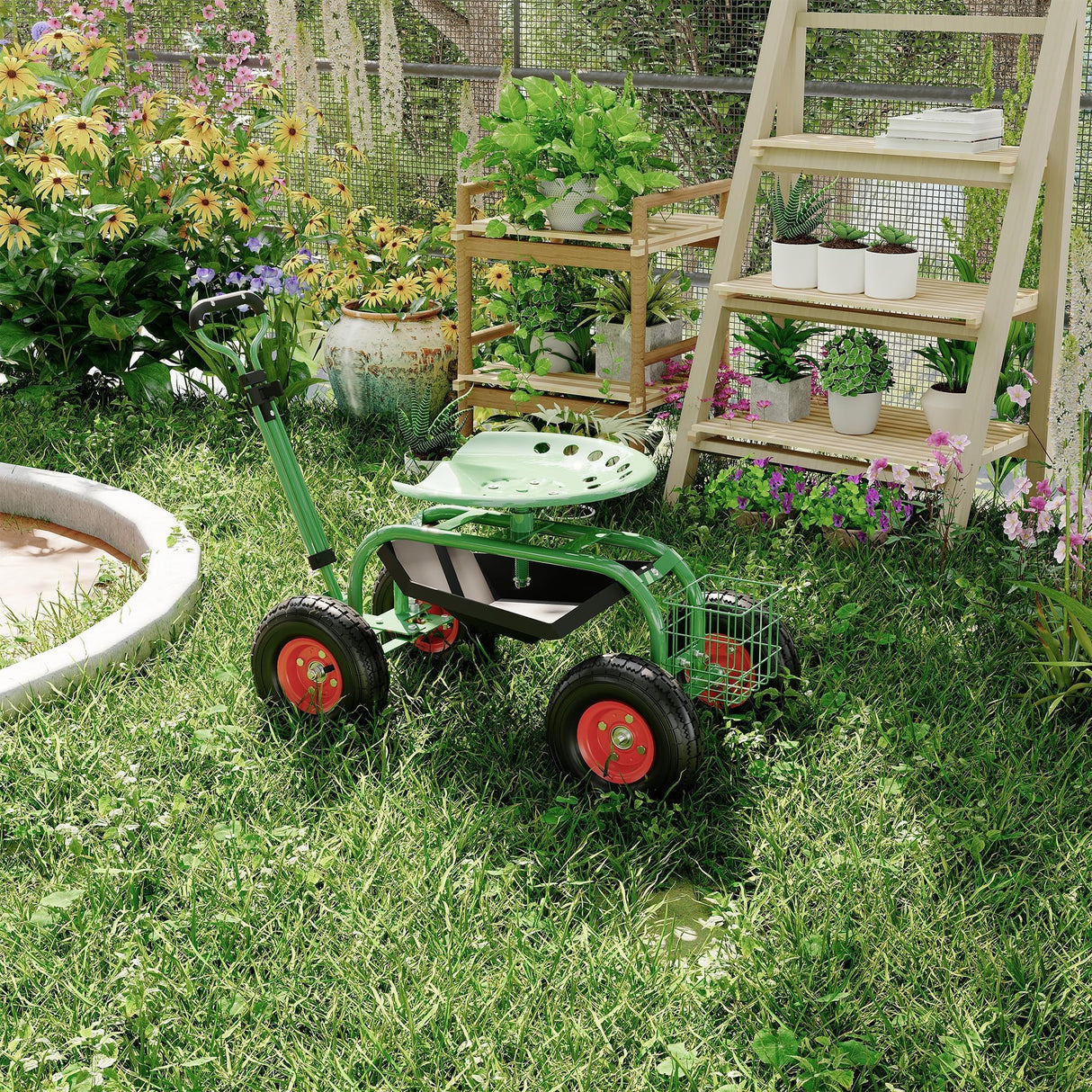 PeacefulHues Garden Scooter Rolling Work Seat – 360° Swivel Garden Cart with Wheels, Tool Tray & Steering Handle – Heavy Duty Outdoor Stool for Planting, Weeding & Yard Work