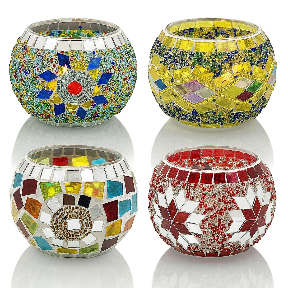 SHMILMH Glass Candle Holder Set of 4, Diwali Gift Votive Candle Holders Handmade Mosaic Glass Tealight Holders Diwali Christmas Table Decorations for Home