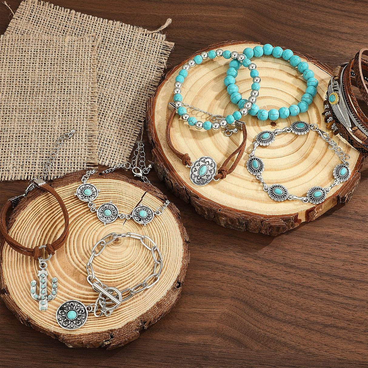 FEYIR Bohemian Turquoise Jewelry Set for Women Boho Turquoise Layered Necklace Bracelet Western Belt Stackable Ring Earrings Western Jewelry Accessories