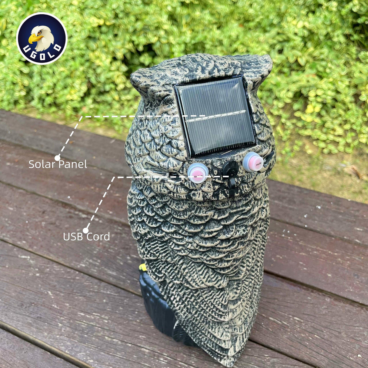 Ugold Solar Powered Garden Owl with Motion Detection, Rotating Head, Realistic Hoots and Silent Mode, Outdoor Statue and Sculpture, Owl Decoration for Home, Garden, Patio and Lawn
