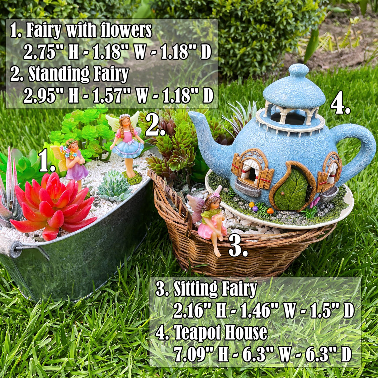 Mood Lab Miniature Garden Decor - Decorative Resin 7.1" H Teapot House Set (4 pcs) - Indoor & Outdoor Garden Decor