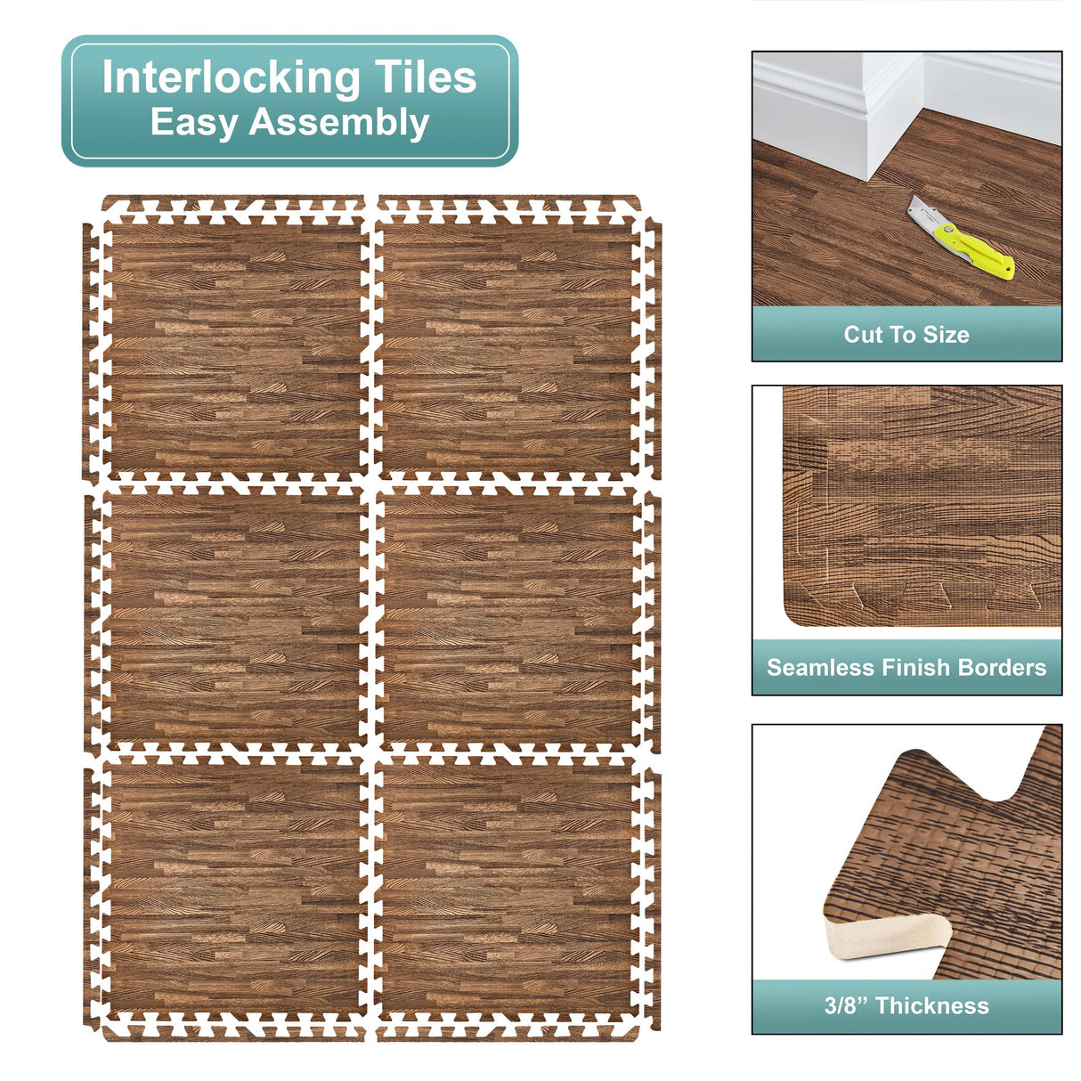 Sorbus 96 Sq. Ft. Wood Grain Floor Tiles Foam Mat EVA Interlocking Mats Tile 3/8-Inch Thick Flooring Wood Puzzle Exercise Mats w/Borders - Home Playroom Basement, Apartment, Trade Show, Baby, Dance