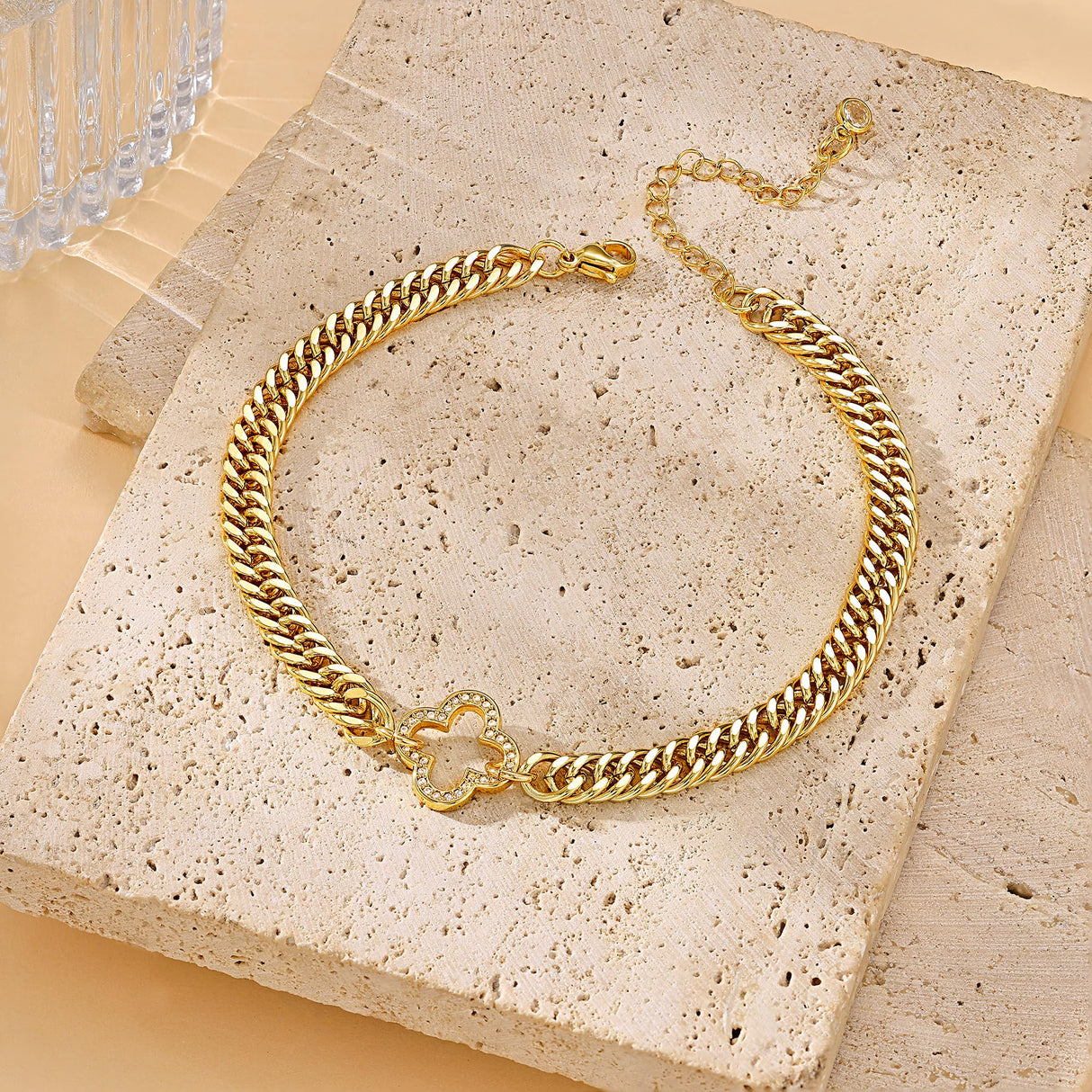 Moodear Gold Ankle Bracelets for Women Waterproof - Trendy 14K Gold Plated Anklets for Women Chunky Cuban Link with CZ Clover Charm Anklet Bracelet Non Tarnish Summer Beach Jewelry Gifts