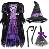 Spooktacular Creations Halloween Fairytale Witch Dress for Kids, Girls Cute Witch Costume Deluxe Set with Broom for Toddler Halloween Role Play Parties, Purple