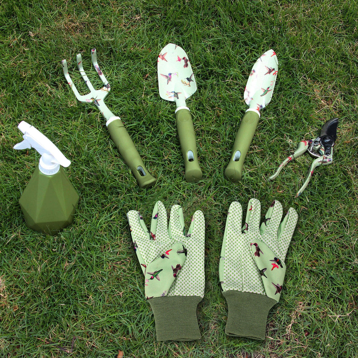 Garden Tool Set with Hummingbird Print, Heavy Duty Gardening Hand Tools with Garden Tool Bag,Gardening Gifts for Women&Men,Green