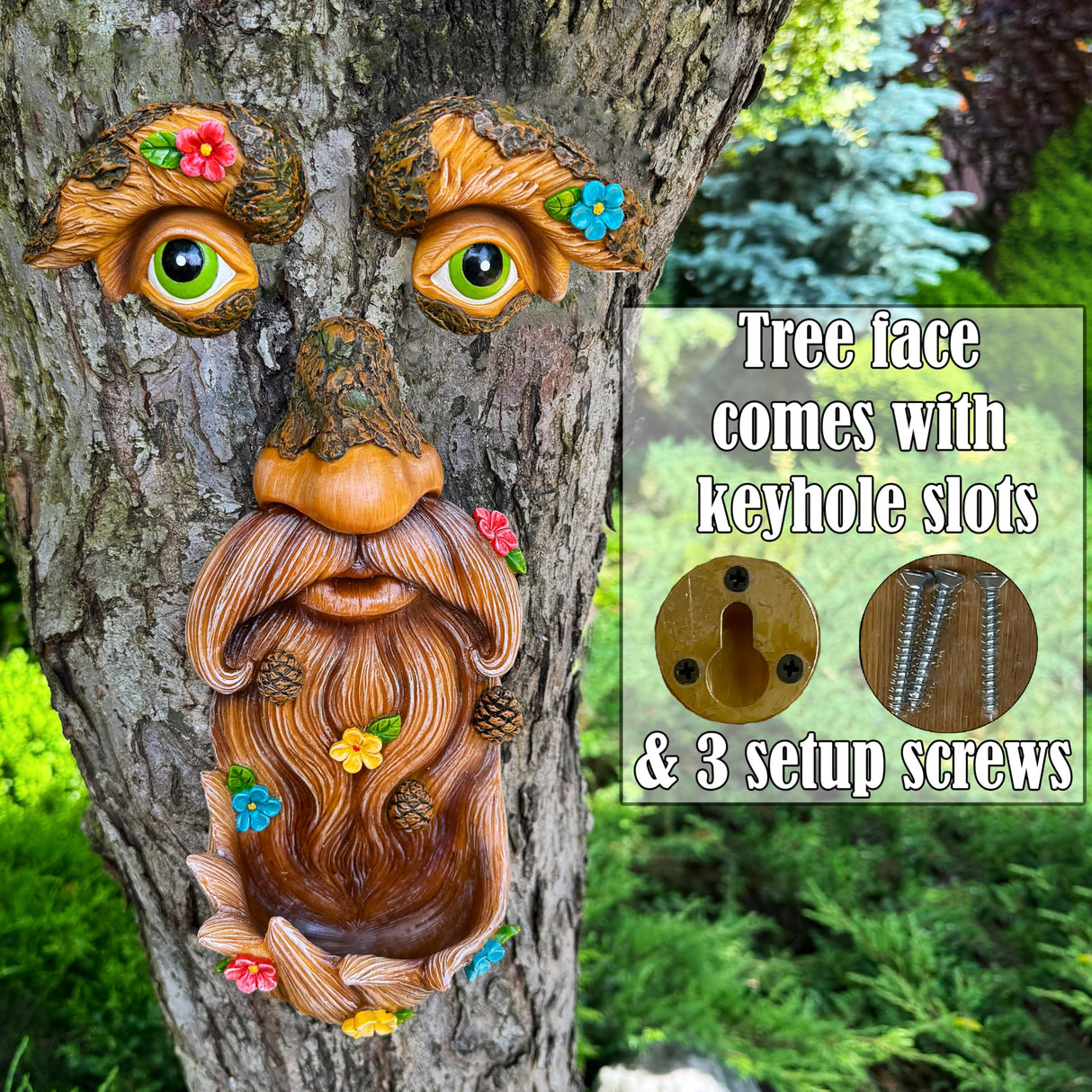 Mood Lab Tree Face Decor with Flowers - Outdoor Old Man Face Decoration - Tree Garden Hugger - Yard Art Statue