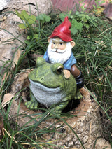 FICITI Garden Gnome Riding on Frog, Outdoor Garden Gnomes, Lawn Gnome Statue Sculpture