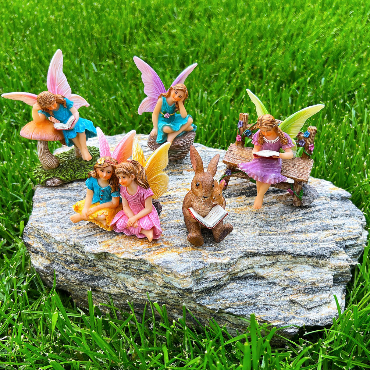 Mood Lab Fairy Garden Figurines - Reading Fairies Set (6 pcs) - Miniature Decorative Statues & Accessories - Outdoor & Indoor Garden Decor