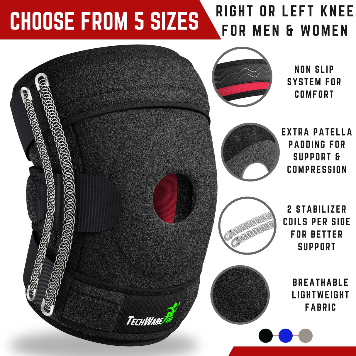 TechWare Pro Knee Brace Support - Relieves ACL, LCL, MCL, Meniscus Tear, Arthritis, Tendonitis Pain. Open Patella Dual Stabilizers Non Slip Comfort Neoprene. Black Medium